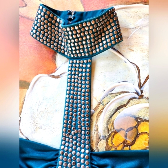 BEBE Teal Studded Silver Neck Choker Strapless Swingy Fun Slinky Mini Dress S - Picture 4 of 12